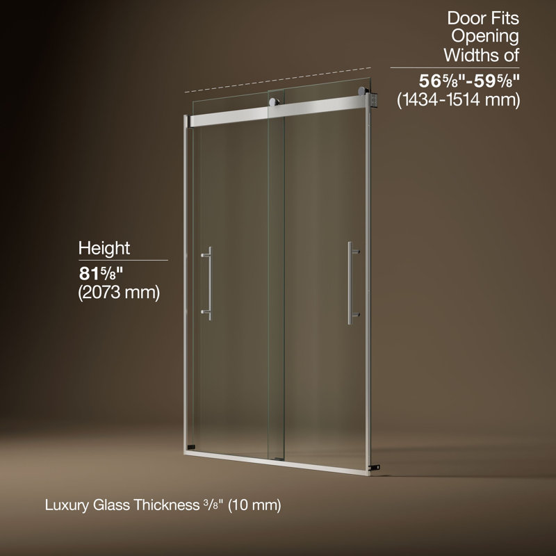 Levity Plus Less Sliding Shower Door, 81-5/8" H x 56-5/8 - 59-5/8" W, With 3/8" Thick Crystal Clear Glass, Silver