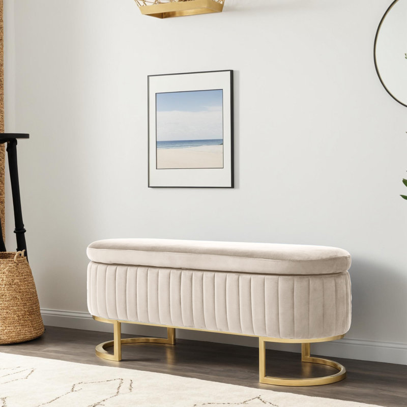 Banc de rangement rembourré en velours, Beige