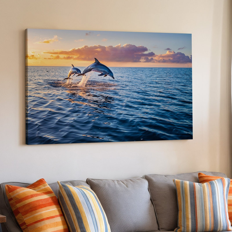 Toile, "Une scène sereine de l'océan au coucher du soleil", "Deux dauphins gracieusement", art mural, H 11 po x l 14 po