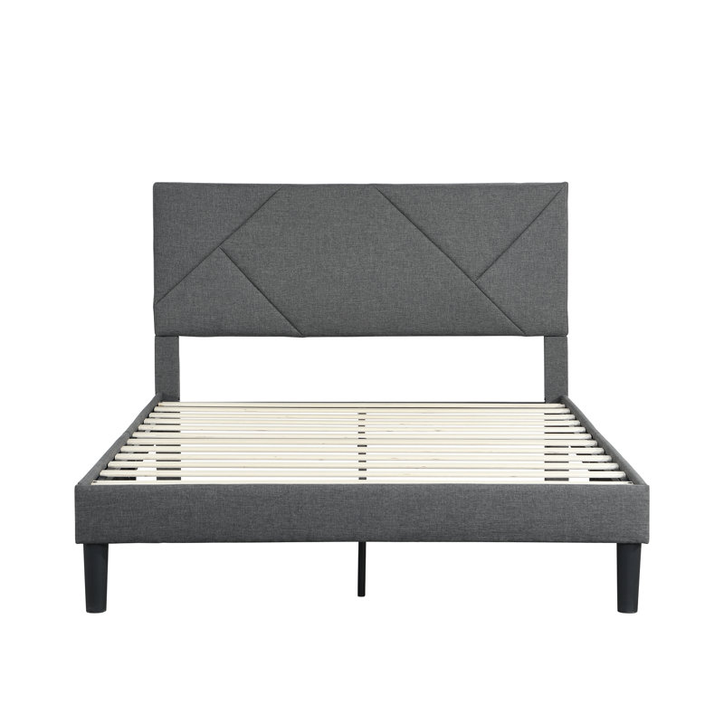Full Size Upholstered  Platform Bed Frame With  Headboard, Strong Wood Slat Support, Mattress Foundation, No Box Spring Needed, Easy Assembly, Grey