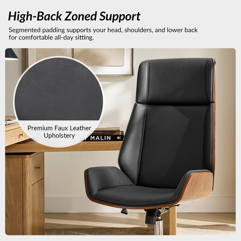 Oswina Leaf Mid-Century Modern Leather Bentwood High Back Swivel Executive Chair with Tilting, Black