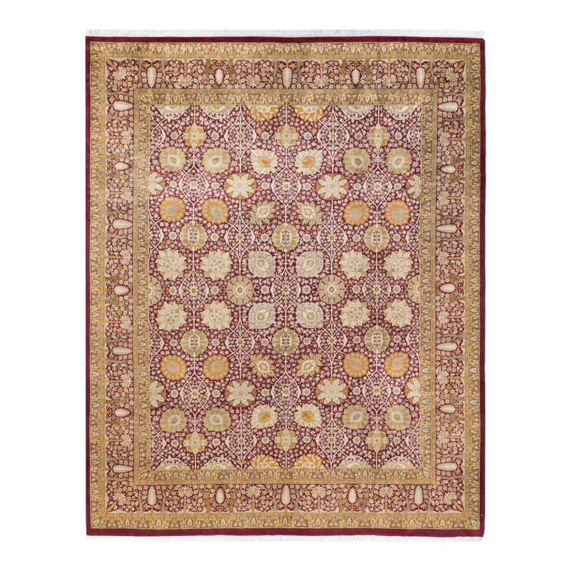 Tapis unique en laine noué à la main 8 pi 1 po x 10 pi 2 po nouvel âge Hayner - rouge / ivoire / brun