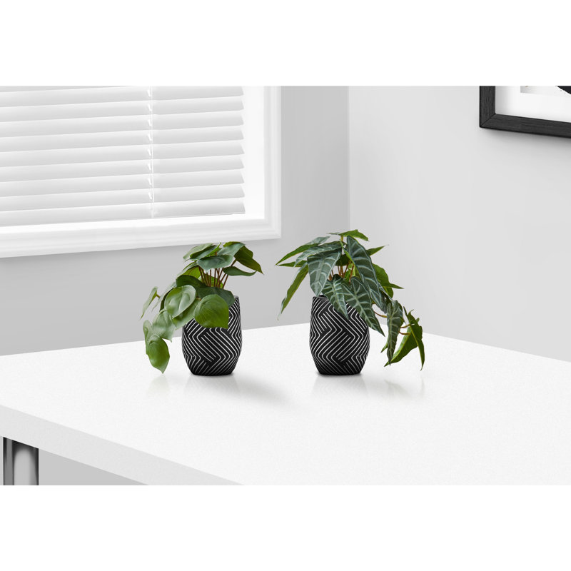 Artificial Plant, 8" Tall, Alocasia, Indoor, Faux, Fake, Table, Greenery, Potted, Set Of 2, Decorative, Green Leaves, Cement Pots