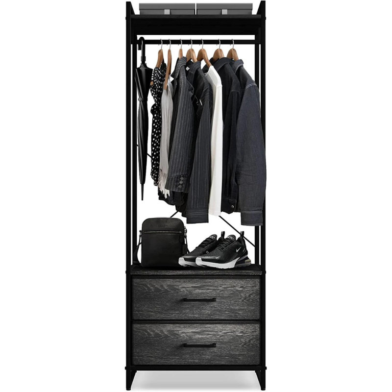 Portable Black and Gray Wood Clothing Rack with Drawers
