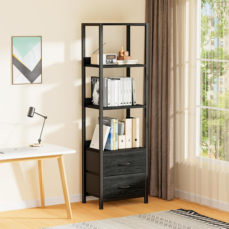 4-Tier Corner Shelf, Bookshelf With 2 Storage Drawers, ...