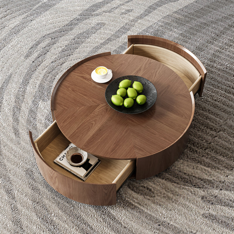 Walnut Round Coffee Table with 2 Hidden Storage Drawers for Living Room or Home Office, 12.6" H x 35.43" W x 34.43" D