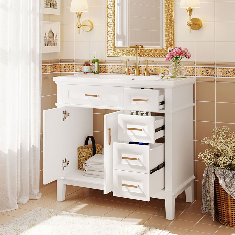  36'' Bathroom Vanity With Ceramic Sink, 4 Drawers for Storage, White
