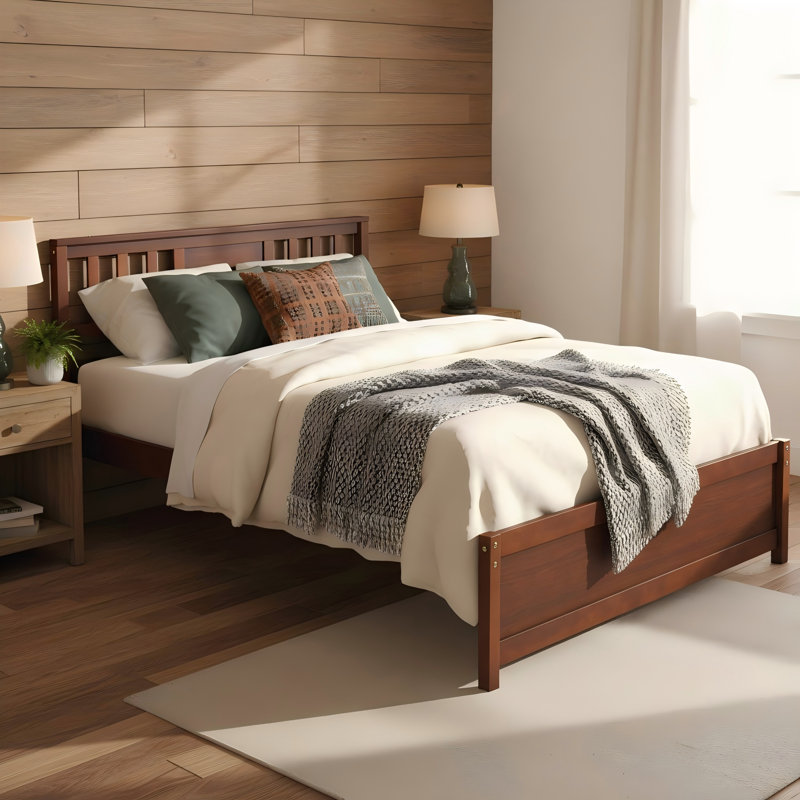 Full Size Mid-Century Pine Solid Wood Platform Bed Frame with Headboard Slat Support, Walnut, Full