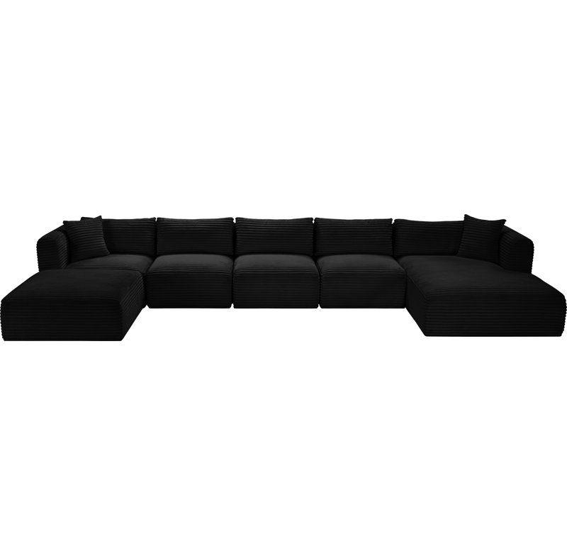 Canapé modulaire Carmean, Tissu velours côtelé texturé noir, 3 sans accoudoirs, 1 méridienne, 1 d'angle et 1 r
