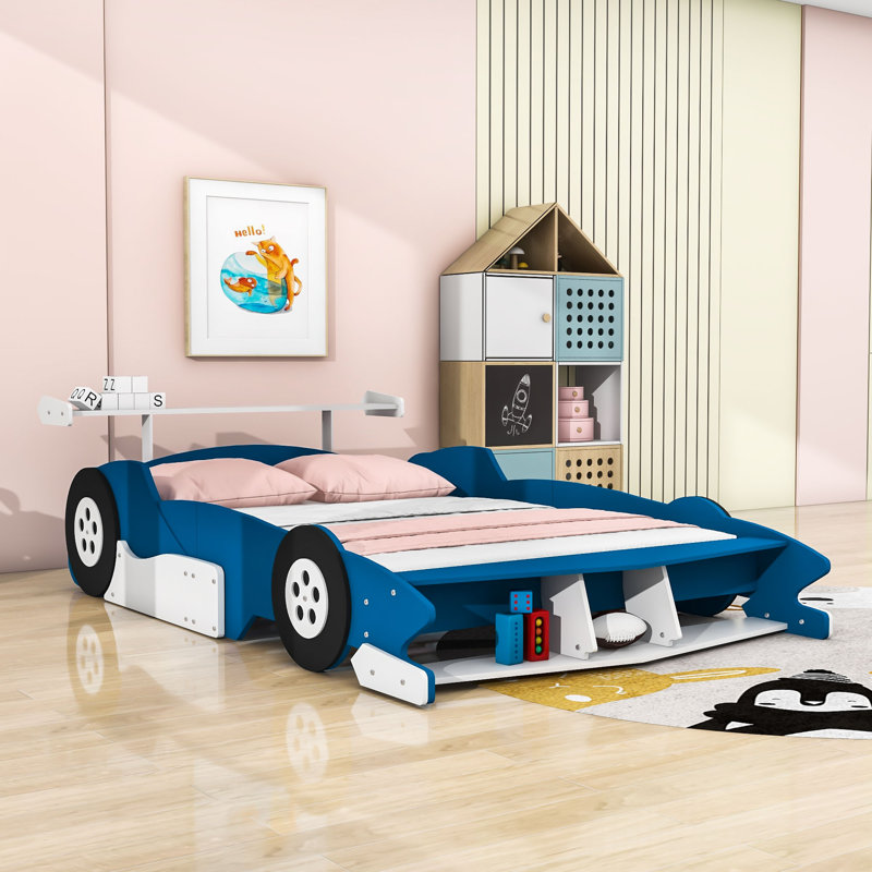 Lit plateforme avec tablettes Race, Bleu, Complète