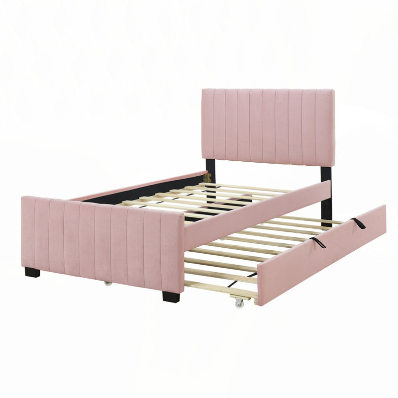 Lit plateforme simple tapissier en velours avec lit gigogne, Rose