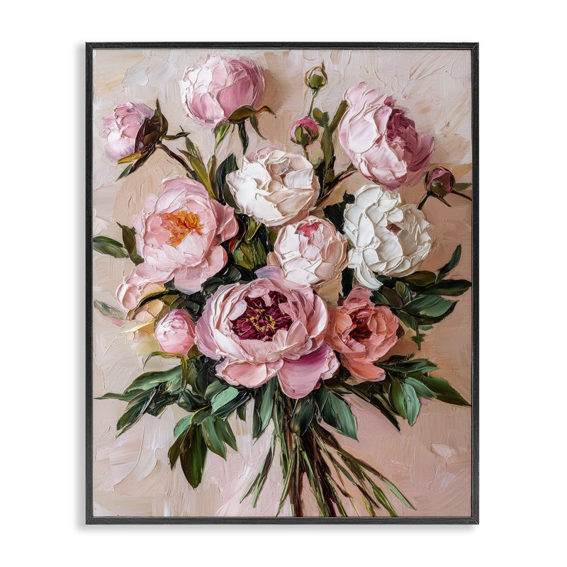 Romantic Peonies Bouquet Framed Giclee, design by Petal Prints Design, 14" H x 11" W, Midnight Black Framed Giclee