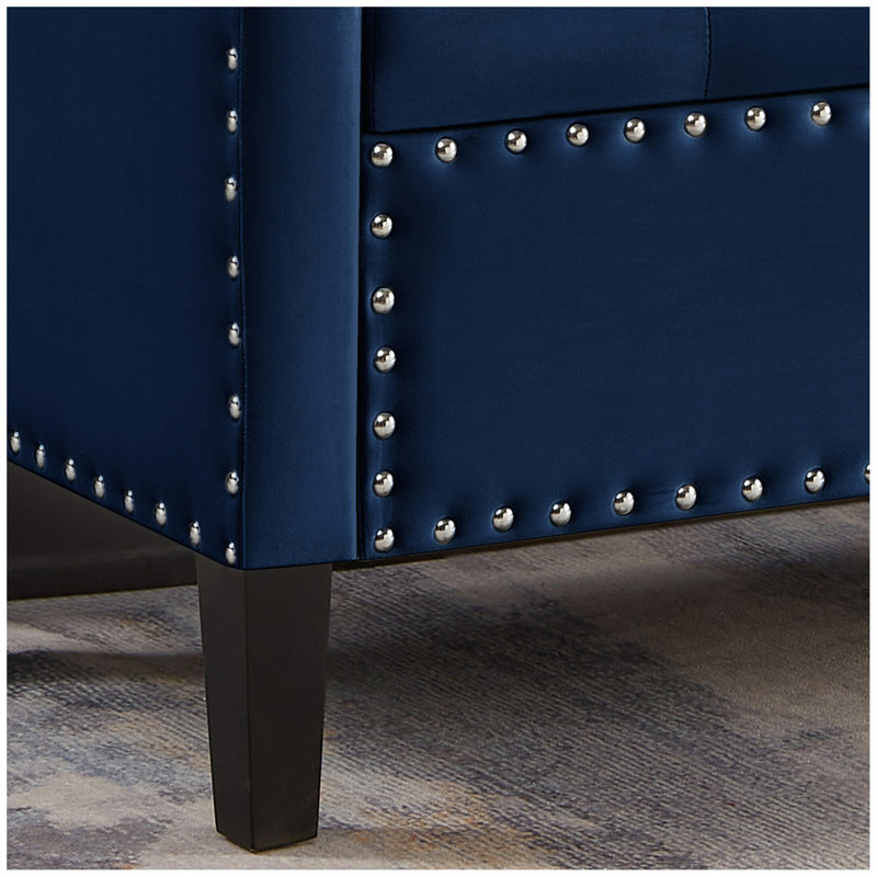 Upholstered Tufted Button Storage Bench with nails trim,Entryway Living Room Soft Padded Seat with Armrest,Bed Bench-, Navy