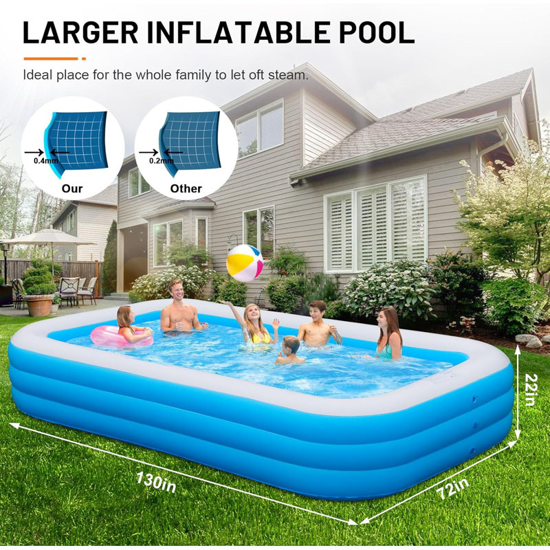 Large Blue PVC Rectangular Inflatable Pool with Pump