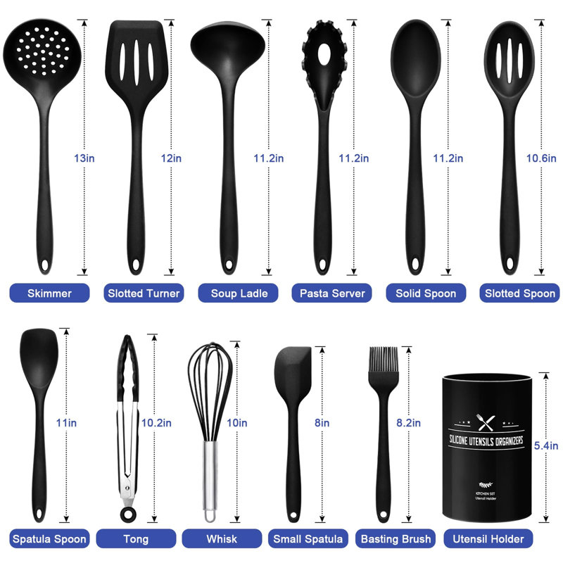 Silicone Kitchen Utensil Set - 12 Piece With Holder,  Black