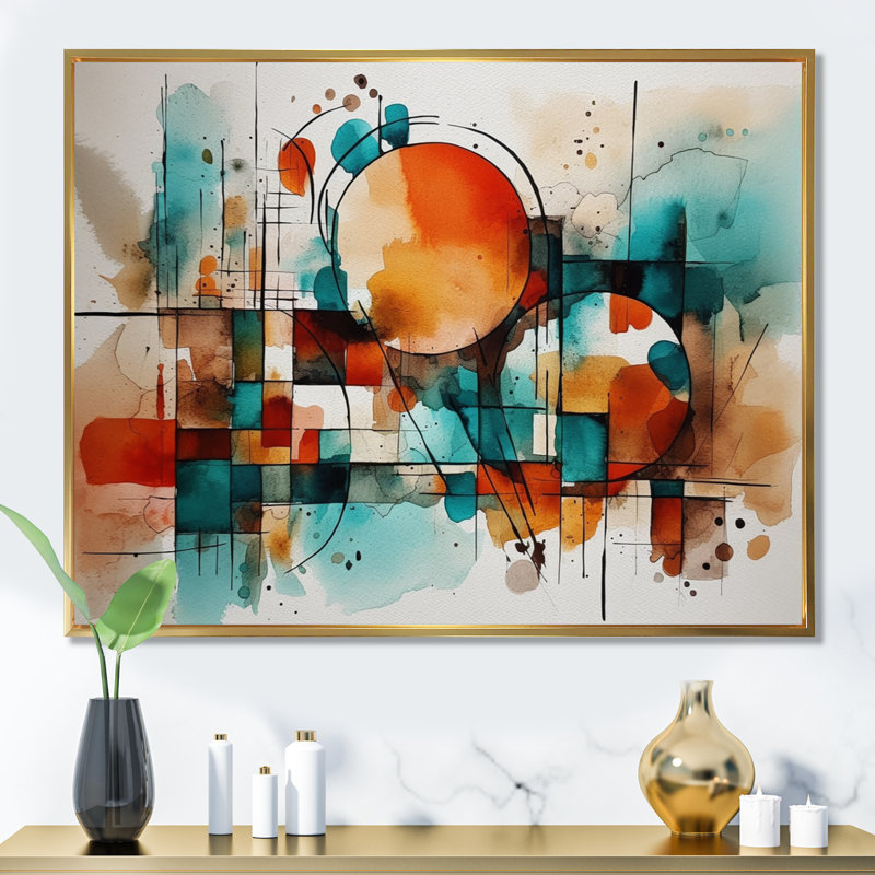 Orange orange géométrique - art mural abstrait géométrique, H 24 po x l 32 po x P 1 po, Cadre flottant doré