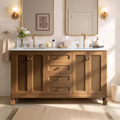60" Free Standing Double Bathroom Vanity with Engineered Marble Top, Ceramic Sink, Backsplash