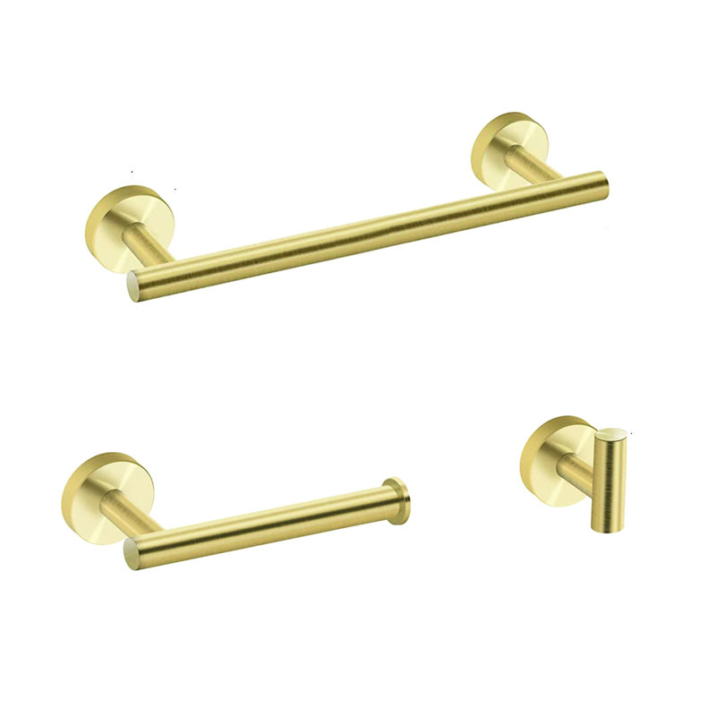Gold Bathroom Hardware 3 - Sus304 Stainless Steel. Rustproof Bath Accessories. Towel Bar, Toilet Paper Holder, Robe Hook. Modern Round Shape With Scratch- Finish. Easy Installation Included Mounting