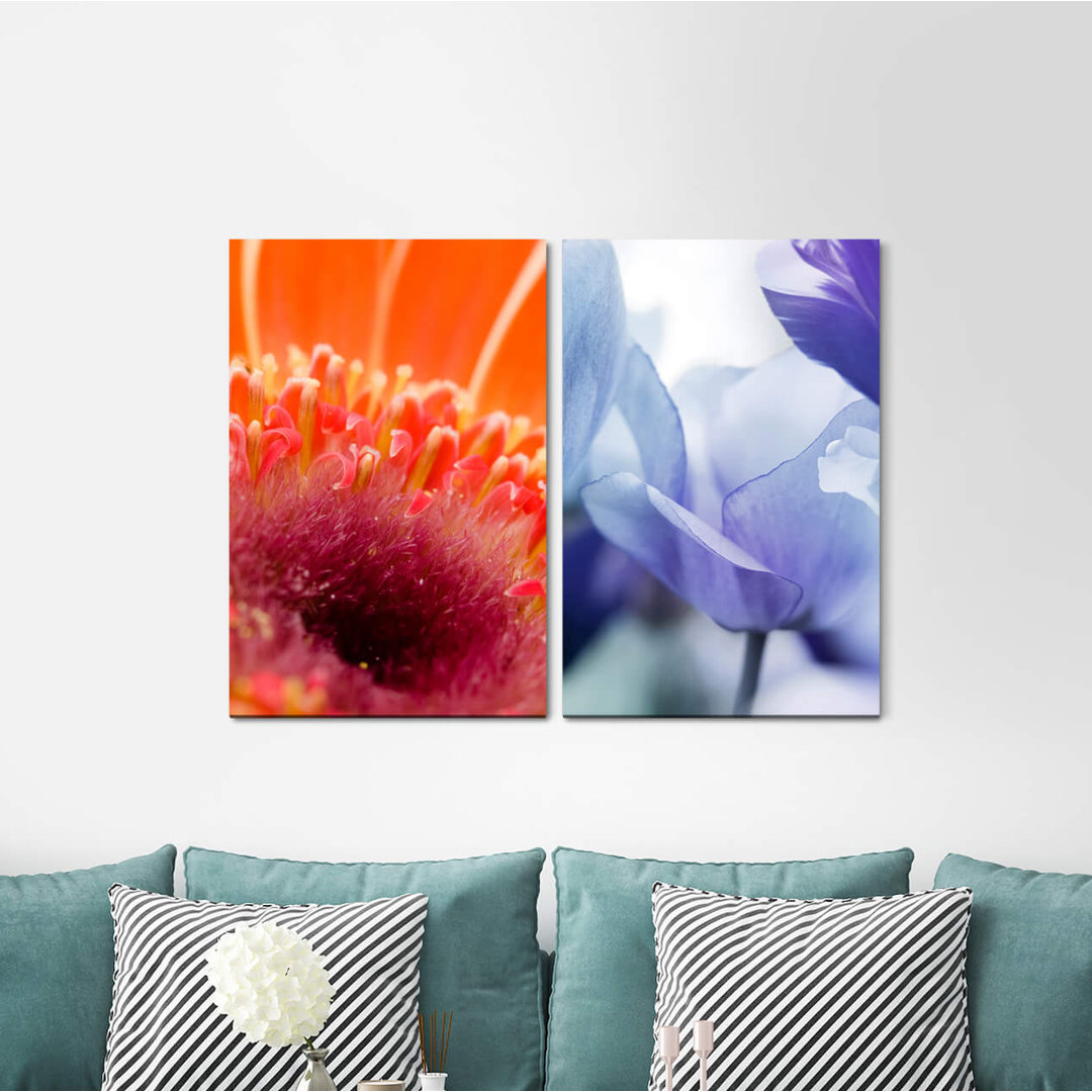 2-tlg. Leinwandbilder-Set - Grafikdruck „Tulips Flowers Red Blue Summer Warm”