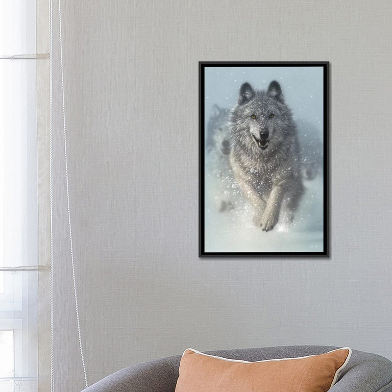 Chasse-neige - loups qui courent, vertical, H 26 po x l 18 po x P 1,5 po, Toile avec cadre noir