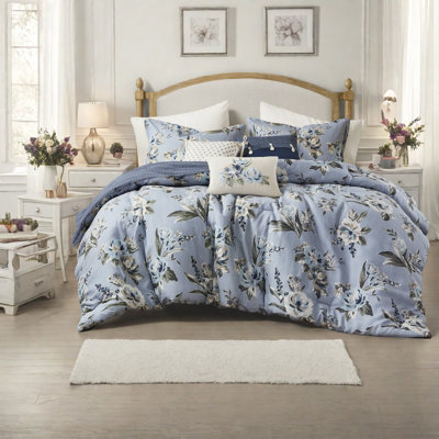 Elegant 7pcs Queen Bedding Set, Cotton Blend, Vintage Floral Design For All-season Comfort