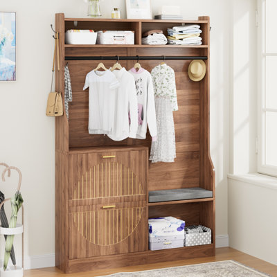43.3" Wooden hall trees with Storage Bench, Cabinets and shelves, Modern Farmhouse Coat Rack for Hallway, Stairwell, Bedroom