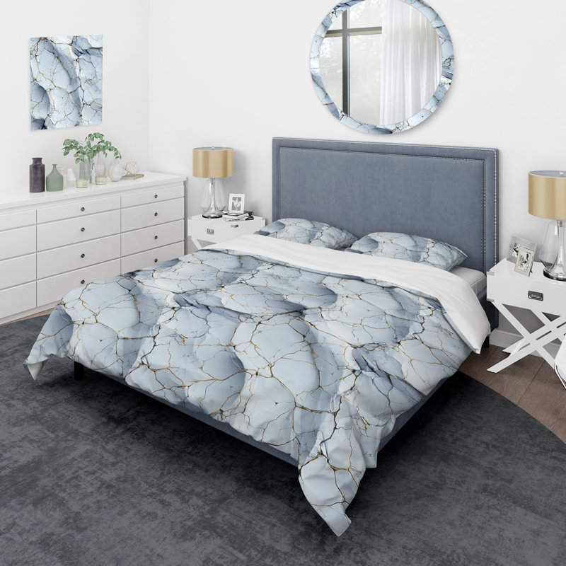 Literie en marbre blanc et gris I, Housse de couette pour grand lit et 2 taies décor