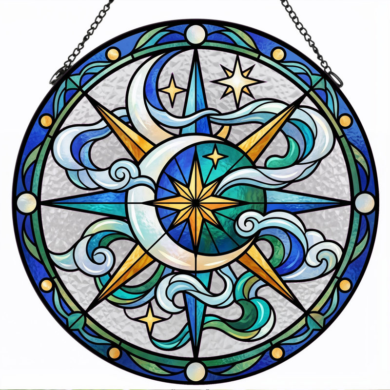 Celestial Compass Stained Glass Window Panel，12"H, 12"H