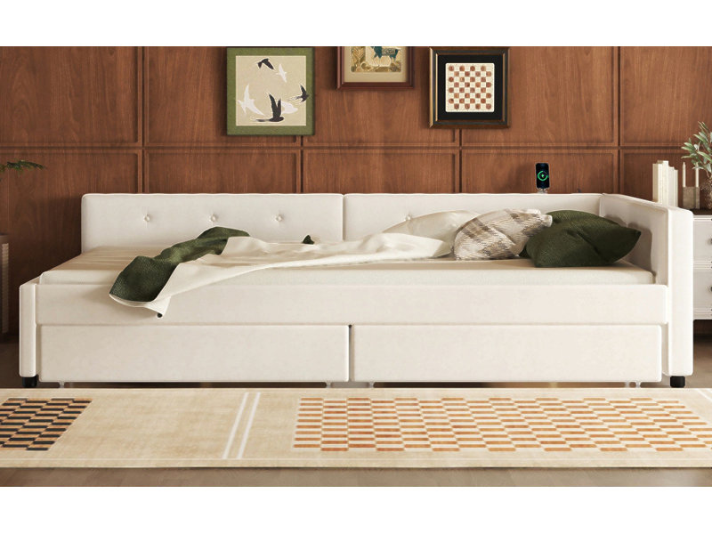 Queen Size Upholstered Platform Bed With USB And 2 Drawers, Beige