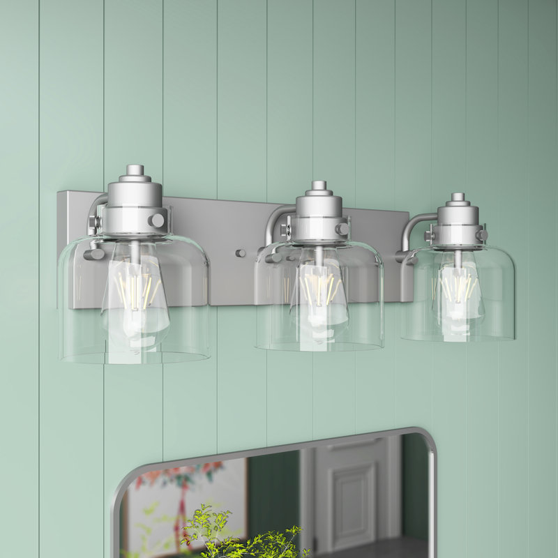 Éclairage pour meuble-lavabo à intensité variable 3 lumières en nickel brossé classique avec abat-jour en verre transparent 23 po.