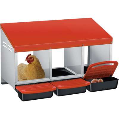 Boîte de nidification pour poulets, boîte de ponte en acier galvanisé résistant aux intempéries à 3 trous avec perchoir à poignée