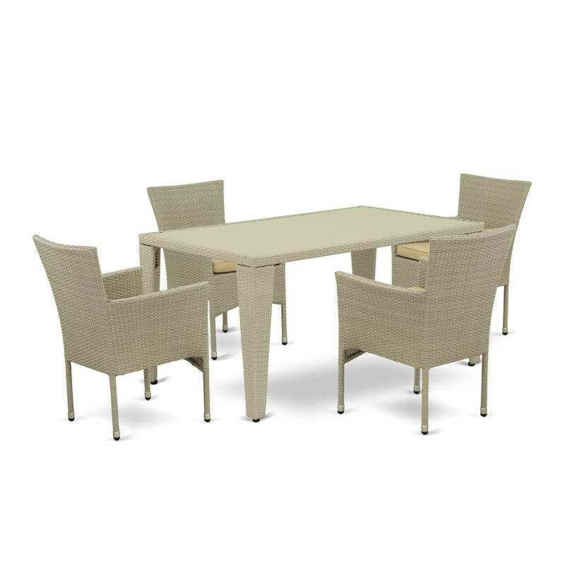 Ensemble de meubles de patio en osier 5 pièces comprenant une table de salle à manger rectangulaire avec plateau en verre et 4 fauteuils de balcon avec coussin, lin naturel