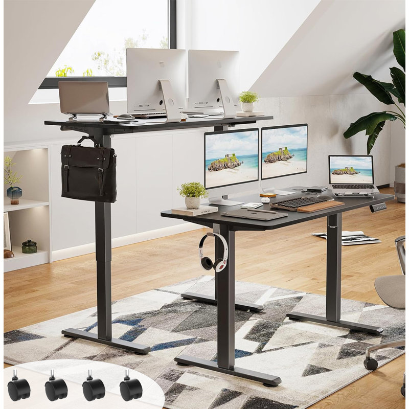 Bureau debout électrique à hauteur ajustable avec ports USB et prises de courant, roulettes verrouillables, grand tapis de souris