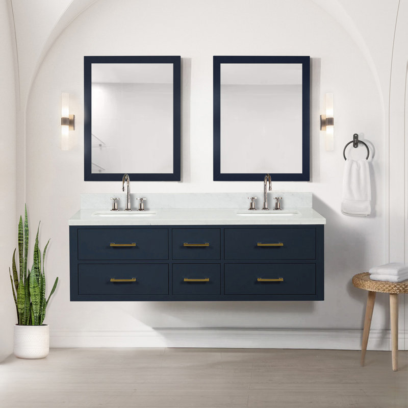 Meuble-lavabo double 60 po bleu X P 22 po D, comptoir en quartz blanc, ensemble de robinet et Miroirs,  Bleu / quartz blanc