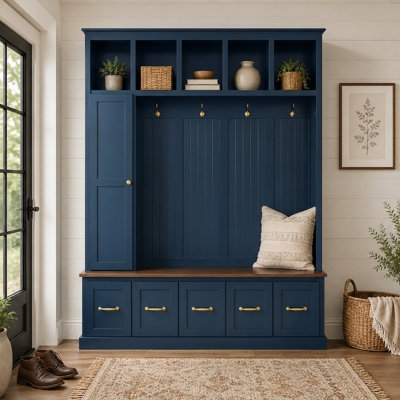 Portemanteau d'entrée avec banc de rangement pour chaussures, crochets à manteau, casiers ouverts et 2 tiroirs, armoire de rangement autoportante pour vestibule, vestibule, vestibule