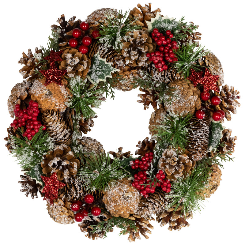Flocked Pinecones And Glittered Stars Christmas Wreath - 13.25" - Unlit