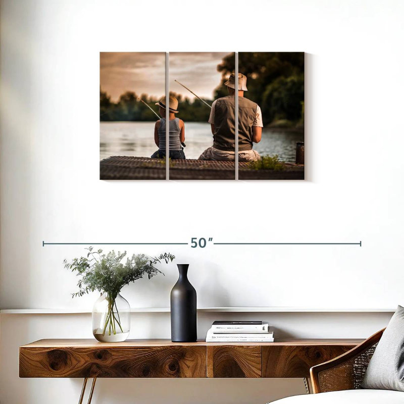 Père et fils à la pêche, H 20 po x l 33 po