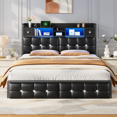 Modern Upholstered Headboard Bed With Storage Drawers & Shelves, Usb Charging Headboard, And Customizable Led Mood Lighting，full/queen/king