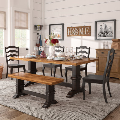 Guinnevere 78" Solid Wood Oak Finish Top 6-Piece Dining Set With French Ladder Back Chairs And Bench