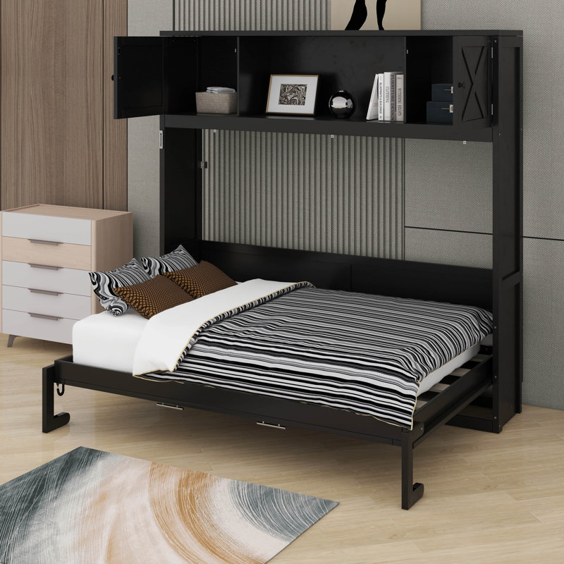 Grand lit escamotable avec armoires de rangement, Noir