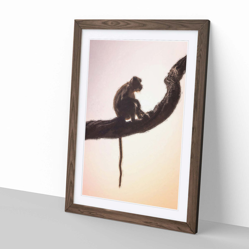 Long-Tailed Macaque Monkey in Abstract - Framed Print, 50cm H x 35cm W x 2cm D, Walnut