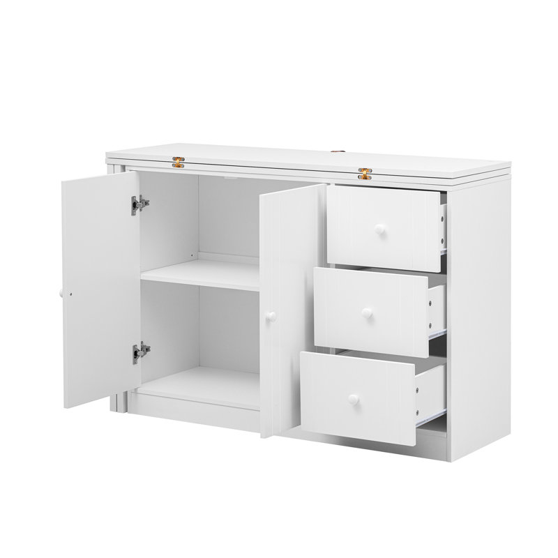 Innovative Sideboard That Effortlessly Converts Into A Dining Table And Adjustable Pull-Out Top For Flexible Use, White