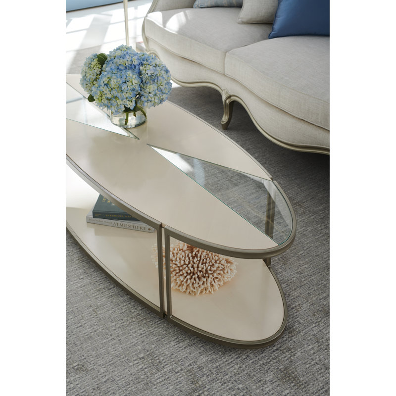 Beige and Silver Oval Wood and Metal Coffee Table