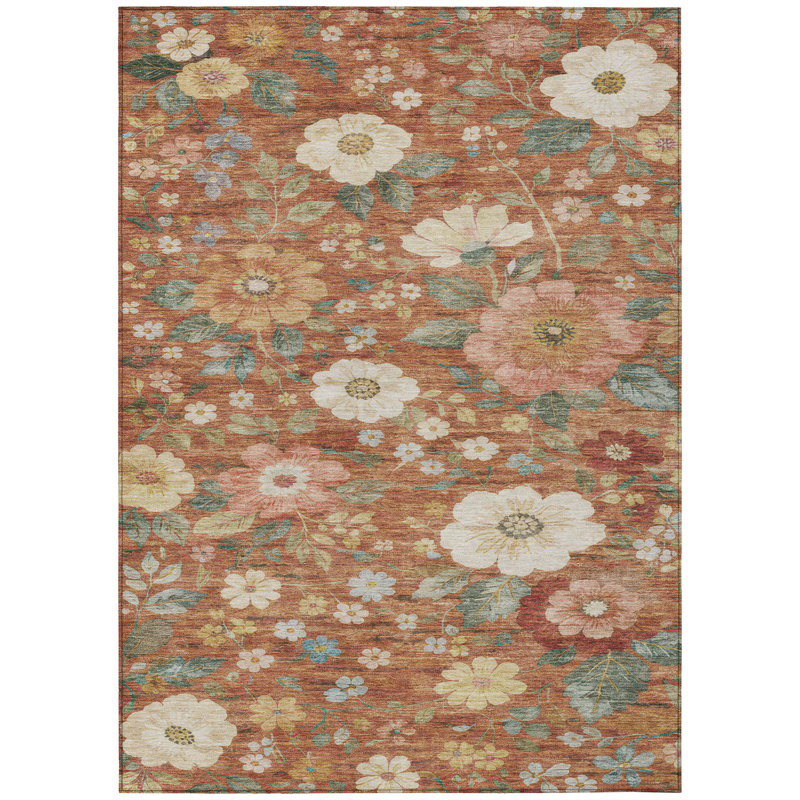 Machine Washable Indoor/Outdoor Chantille ACN2872 Floral Rug, 3' x 5', Paprika