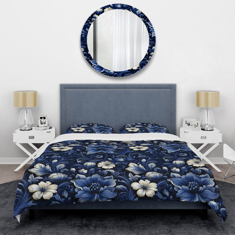 Literie de style victorien néo-gothique bleu cobalt, Housse de couette pour très grand lit et 2 très