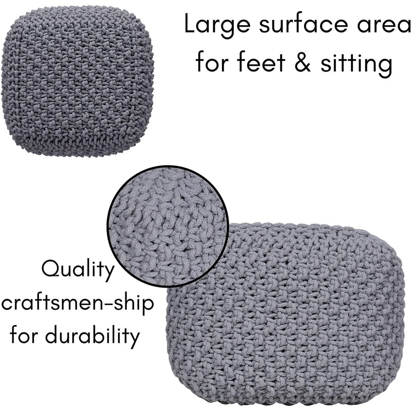 Gray Hand-Knitted Cotton Square Pouf Ottoman
