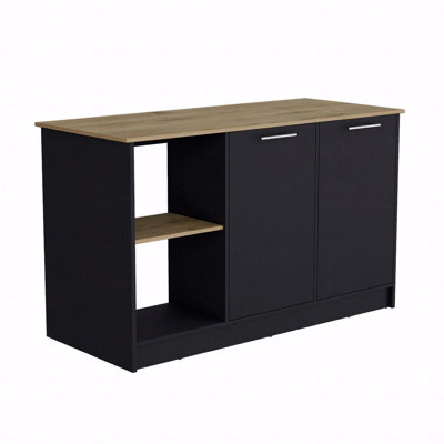 Kitchen Island With Large Top Surface, Double Door Cabinet, And Open Shelves