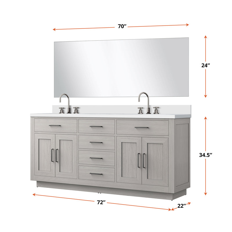 Ensemble de meuble-lavabo double 72 "avec miroir, Chêne brun, Quartz blanc