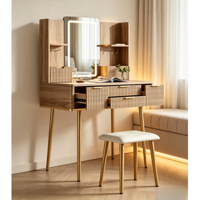 Bohemian-Style Dressing Table, Equipped With LED Illuminated Mirror, 4 Drawers, Multi-Tier Open Shelves, And Cushioned Stool, Featuring Carved Natural Wood Tones Paired With Metal Legs, Is Both Fashionable And Sturdy