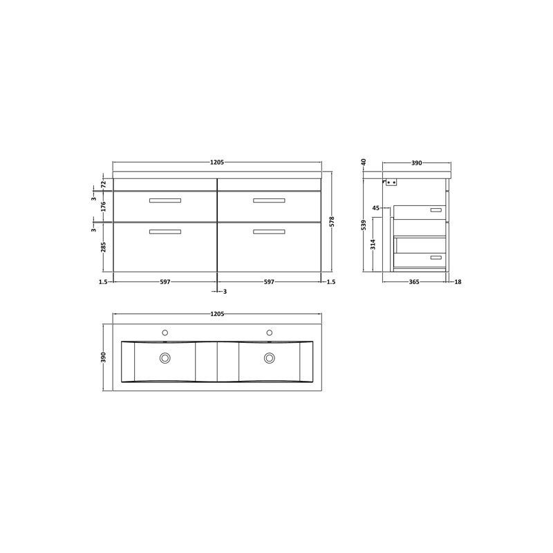 Athena 1208mm Double Bathroom Vanity with Integrated Ceramic Basin, Gloss Gray Mist